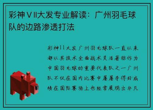 彩神Ⅴll大发专业解读：广州羽毛球队的边路渗透打法