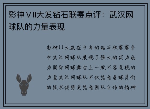 彩神Ⅴll大发钻石联赛点评：武汉网球队的力量表现