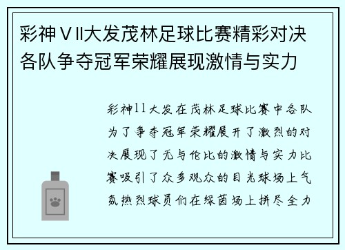 彩神Ⅴll大发茂林足球比赛精彩对决各队争夺冠军荣耀展现激情与实力